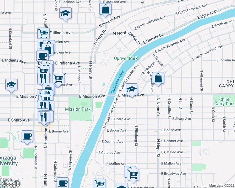 map of restaurants, bars, coffee shops, grocery stores, and more near 11 East Mission Avenue in Spokane