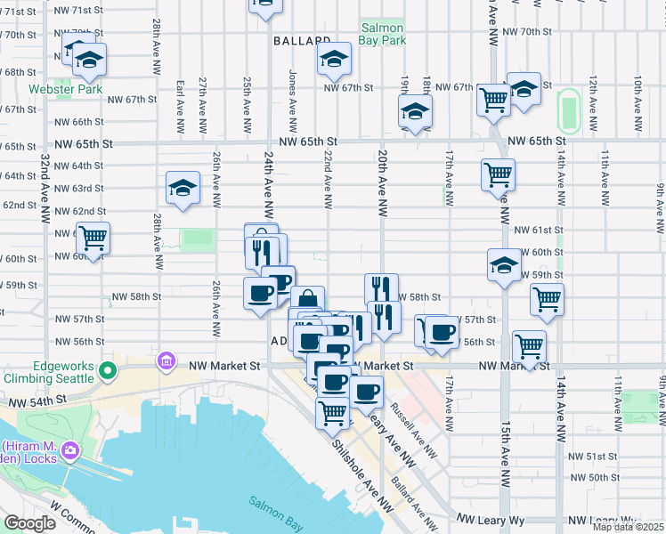 map of restaurants, bars, coffee shops, grocery stores, and more near 5902 22nd Avenue Northwest in Seattle