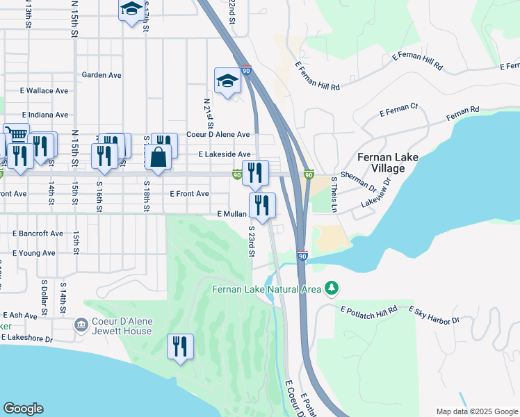 map of restaurants, bars, coffee shops, grocery stores, and more near 2304 East Mullan Avenue in Coeur d'Alene