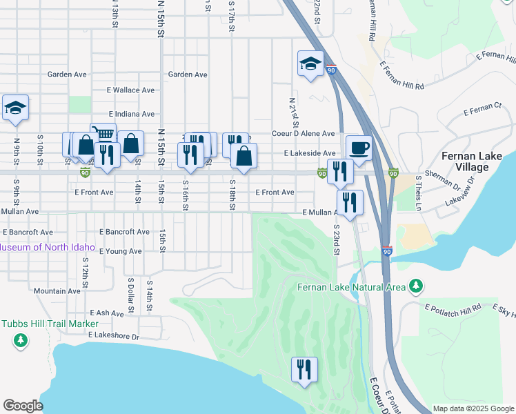 map of restaurants, bars, coffee shops, grocery stores, and more near 1915 East Mullan Avenue in Coeur d'Alene