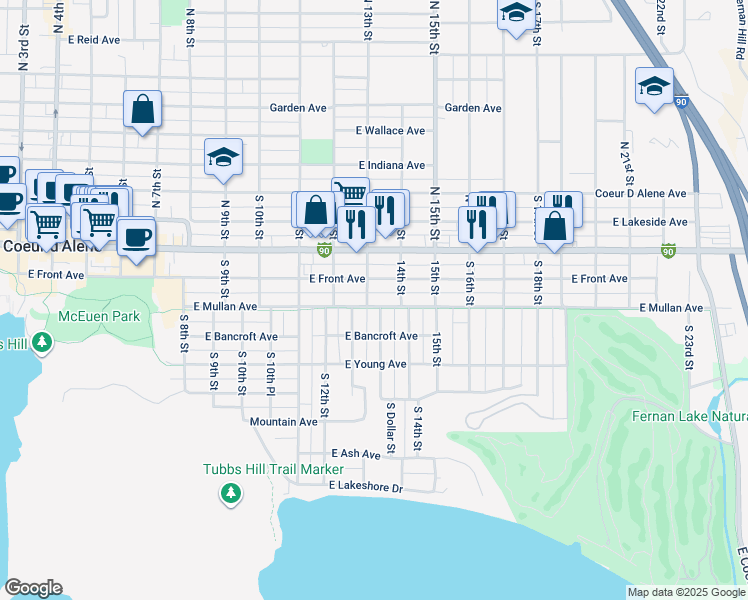 map of restaurants, bars, coffee shops, grocery stores, and more near 1302 East Mullan Avenue in Coeur d'Alene