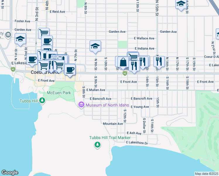 map of restaurants, bars, coffee shops, grocery stores, and more near 1014 East Mullan Avenue in Coeur d'Alene