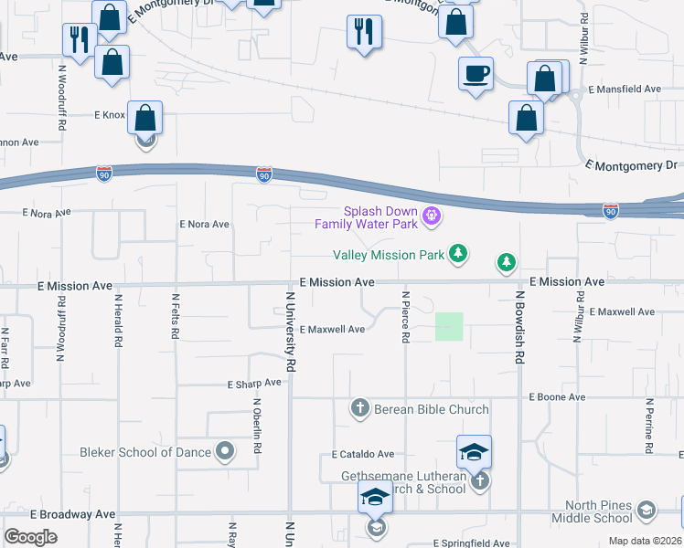 map of restaurants, bars, coffee shops, grocery stores, and more near 10811 East Mission Avenue in Spokane Valley