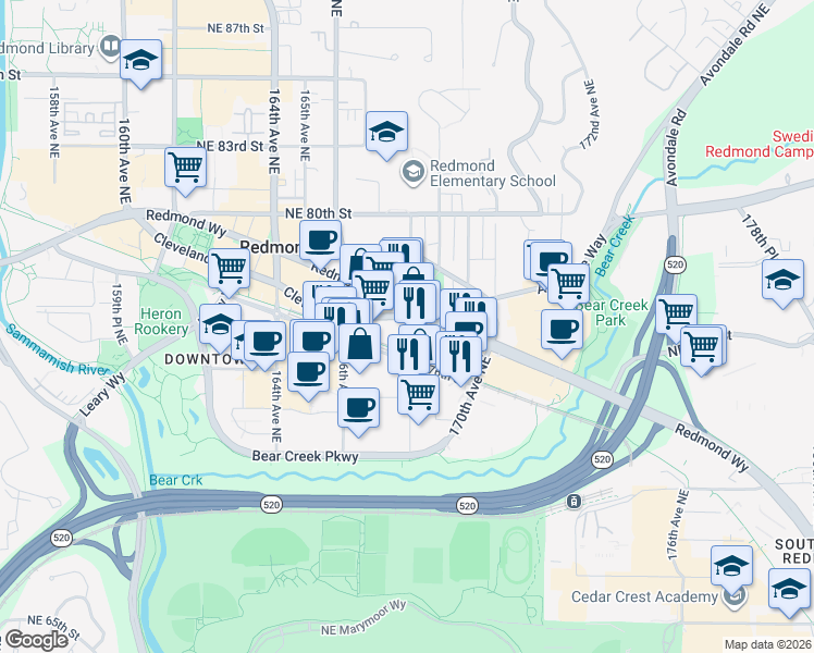 map of restaurants, bars, coffee shops, grocery stores, and more near 16771 Redmond Way in Redmond