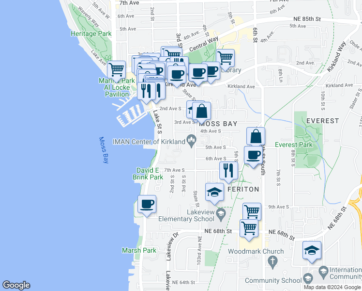 map of restaurants, bars, coffee shops, grocery stores, and more near 219 5th Avenue South in Kirkland