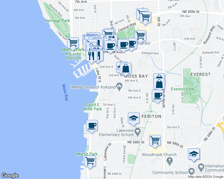 map of restaurants, bars, coffee shops, grocery stores, and more near 219 5th Avenue South in Kirkland