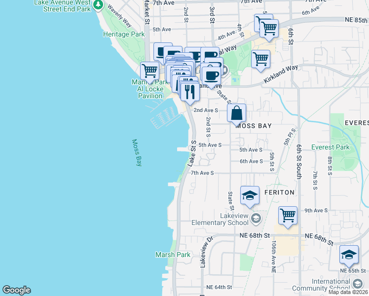 map of restaurants, bars, coffee shops, grocery stores, and more near 514 Lake Street South in Kirkland