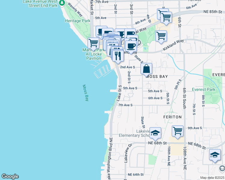 map of restaurants, bars, coffee shops, grocery stores, and more near 514 Lake Street South in Kirkland