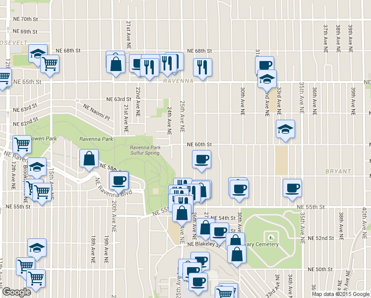map of restaurants, bars, coffee shops, grocery stores, and more near in Seattle