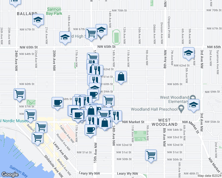 map of restaurants, bars, coffee shops, grocery stores, and more near 1415 Northwest 59th Street in Seattle