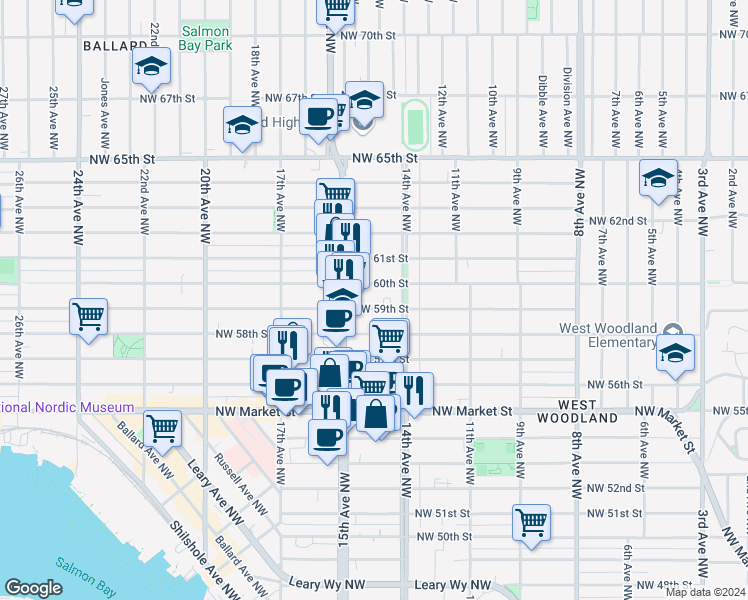 map of restaurants, bars, coffee shops, grocery stores, and more near 1415 Northwest 59th Street in Seattle