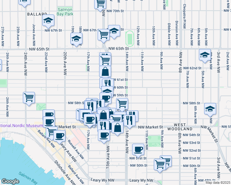 map of restaurants, bars, coffee shops, grocery stores, and more near 1415 Northwest 59th Street in Seattle