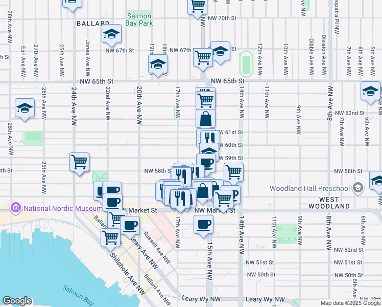 map of restaurants, bars, coffee shops, grocery stores, and more near 1525 Northwest 59th Street in Seattle
