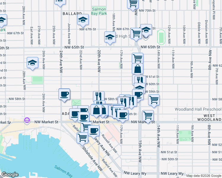 map of restaurants, bars, coffee shops, grocery stores, and more near 1737 Northwest 59th Street in Seattle