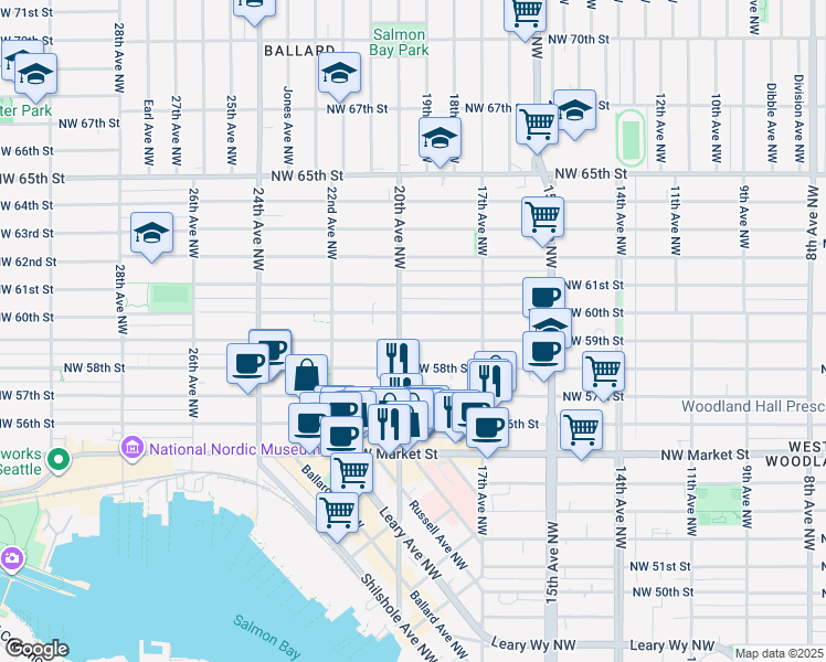 map of restaurants, bars, coffee shops, grocery stores, and more near 1771 Northwest 59th Street in Seattle