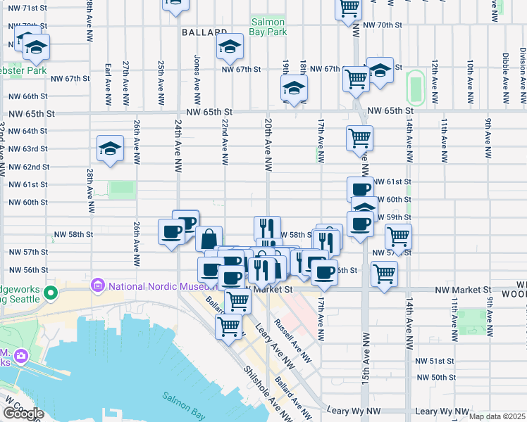 map of restaurants, bars, coffee shops, grocery stores, and more near 1771 Northwest 59th Street in Seattle