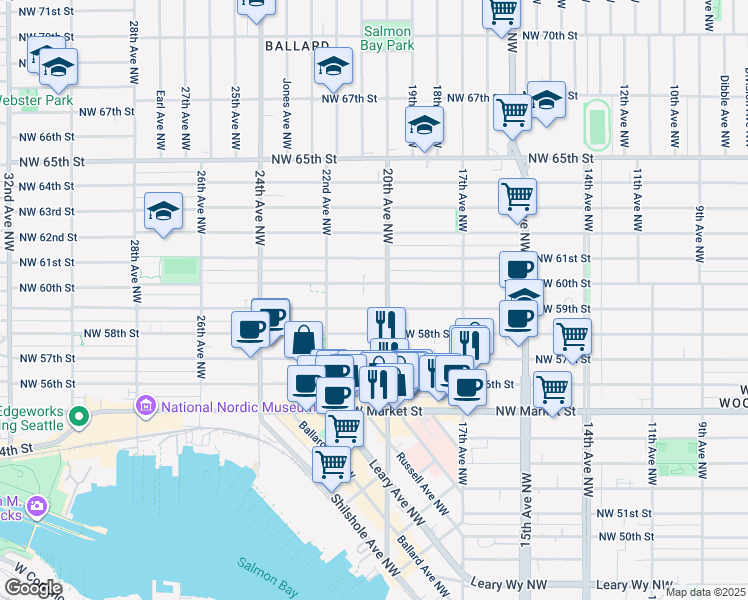 map of restaurants, bars, coffee shops, grocery stores, and more near 1771 Northwest 59th Street in Seattle