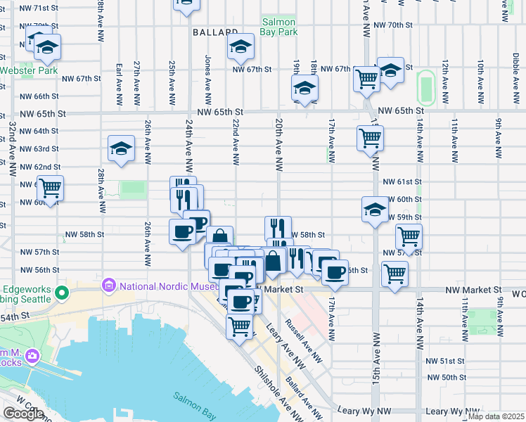 map of restaurants, bars, coffee shops, grocery stores, and more near 2031 Northwest 59th Street in Seattle