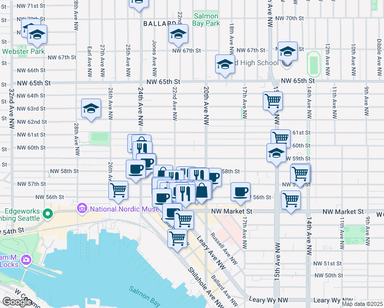 map of restaurants, bars, coffee shops, grocery stores, and more near 2031 Northwest 59th Street in Seattle