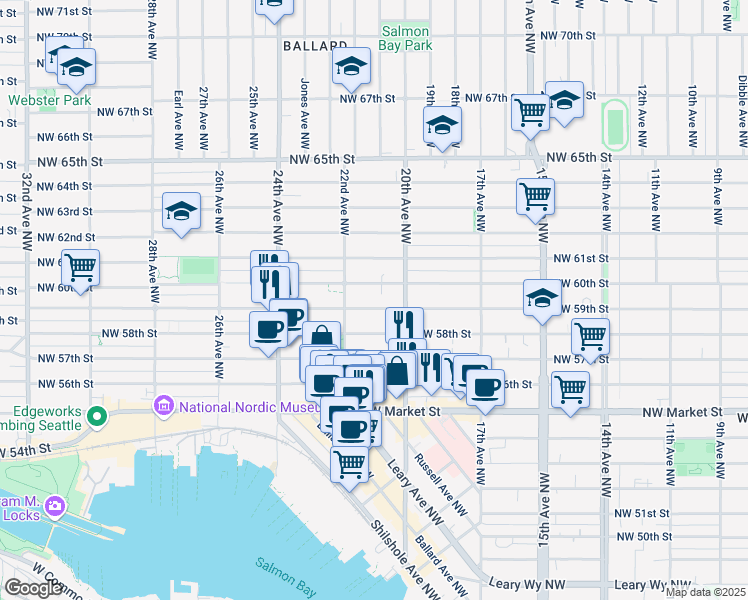 map of restaurants, bars, coffee shops, grocery stores, and more near 2031 Northwest 59th Street in Seattle
