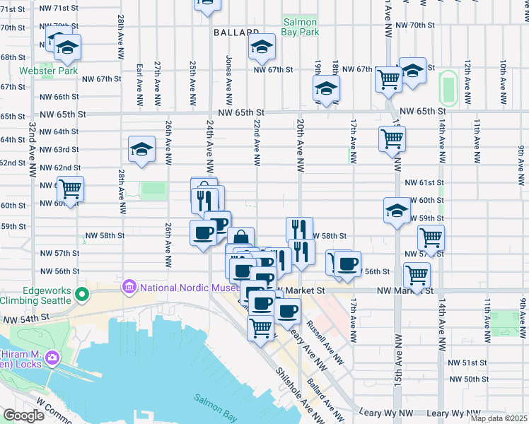 map of restaurants, bars, coffee shops, grocery stores, and more near 2203 Northwest 59th Street in Seattle
