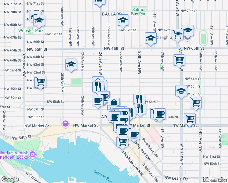 map of restaurants, bars, coffee shops, grocery stores, and more near 2203 Northwest 59th Street in Seattle
