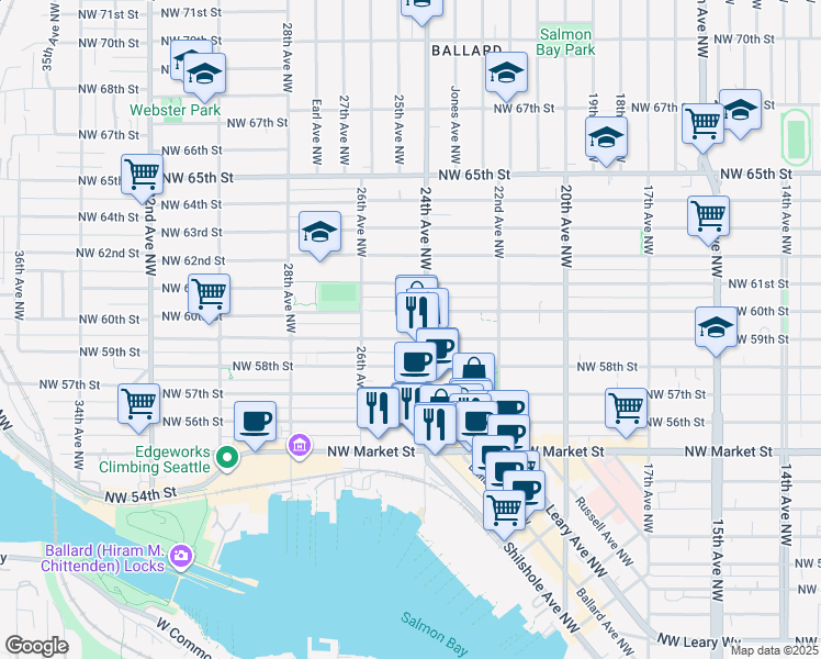 map of restaurants, bars, coffee shops, grocery stores, and more near in Seattle