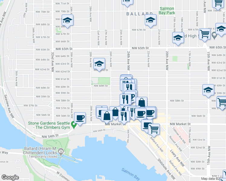 map of restaurants, bars, coffee shops, grocery stores, and more near 2443 Northwest 59th Street in Seattle
