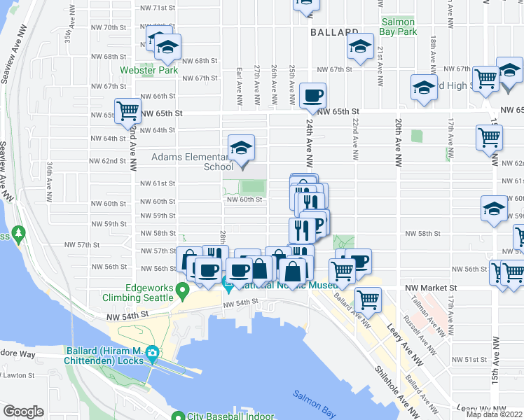 map of restaurants, bars, coffee shops, grocery stores, and more near 2617 Northwest 59th Street in Seattle