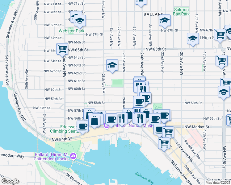 map of restaurants, bars, coffee shops, grocery stores, and more near 2617 Northwest 59th Street in Seattle