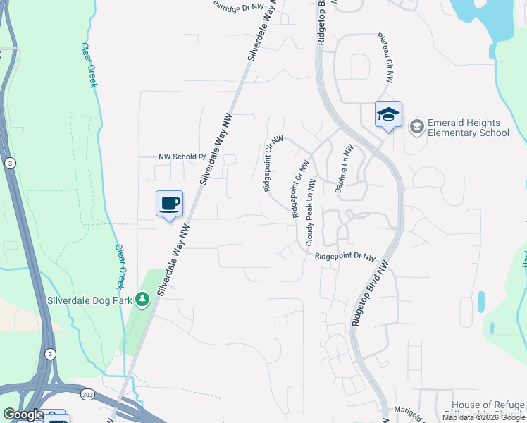 map of restaurants, bars, coffee shops, grocery stores, and more near 2028 Northwest Misty Ridge Lane in Silverdale