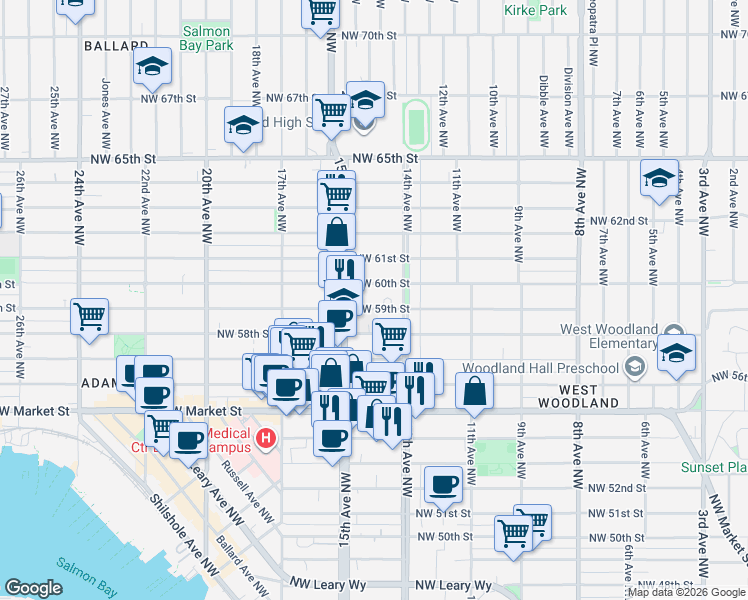 map of restaurants, bars, coffee shops, grocery stores, and more near 1411 Northwest 59th Street in Seattle