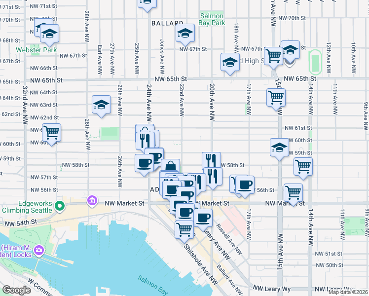 map of restaurants, bars, coffee shops, grocery stores, and more near 2203 Northwest 59th Street in Seattle