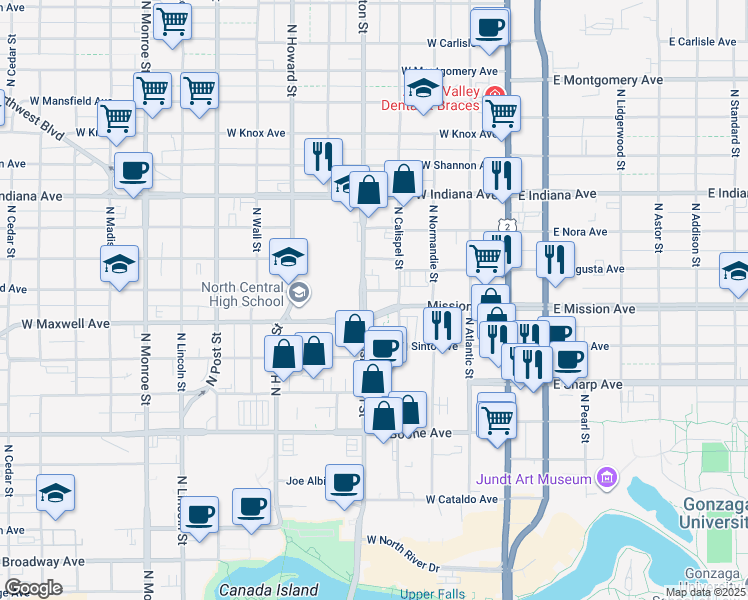 map of restaurants, bars, coffee shops, grocery stores, and more near 77 West Maxwell Avenue in Spokane