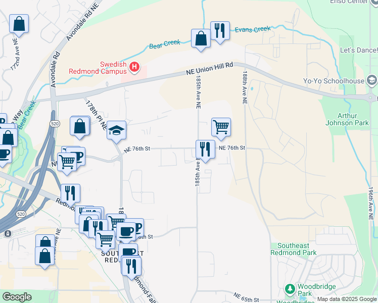 map of restaurants, bars, coffee shops, grocery stores, and more near 7501-7575 185th Ave NE in Redmond