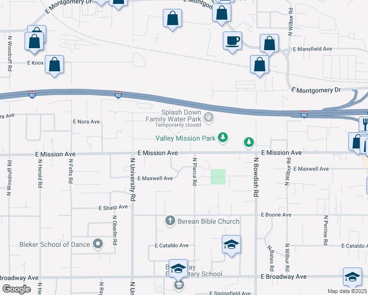 map of restaurants, bars, coffee shops, grocery stores, and more near 11011 East Mission Avenue in Spokane Valley