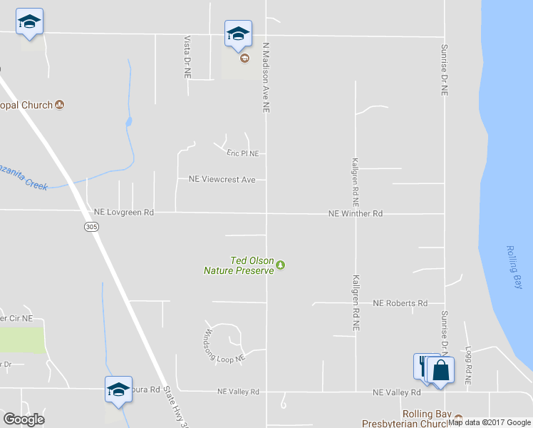 map of restaurants, bars, coffee shops, grocery stores, and more near 12525 N Madison Avenue Northeast in Bainbridge Island