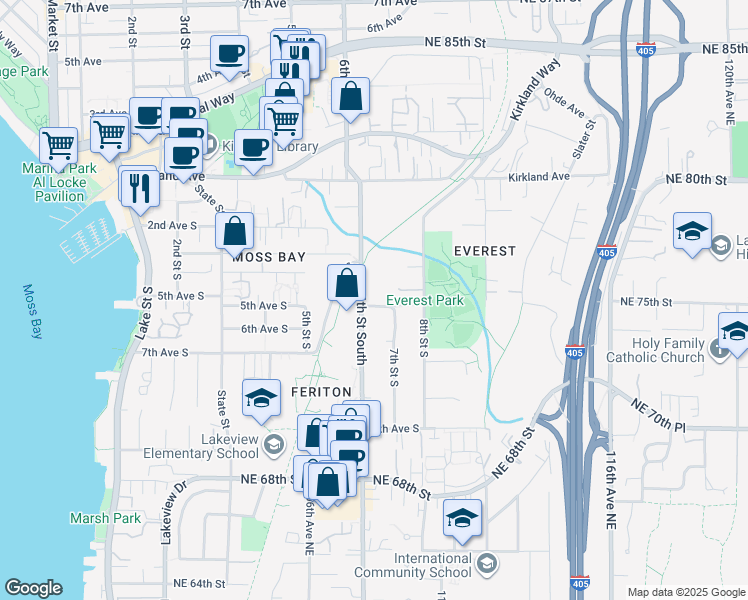 map of restaurants, bars, coffee shops, grocery stores, and more near 422 6th Street South in Kirkland