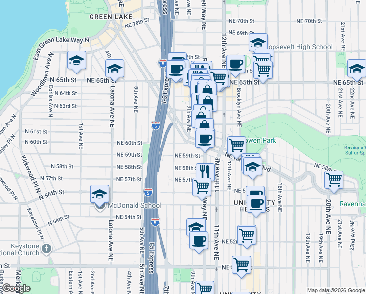 map of restaurants, bars, coffee shops, grocery stores, and more near 830 Northeast 59th Street in Seattle