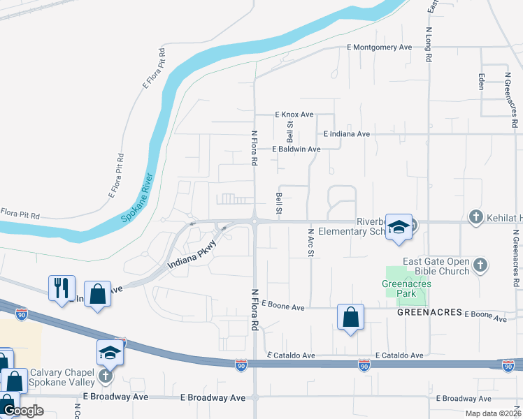 map of restaurants, bars, coffee shops, grocery stores, and more near 1526 North Coach Drive in Spokane Valley