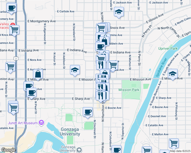 map of restaurants, bars, coffee shops, grocery stores, and more near 814 East Mission Avenue in Spokane