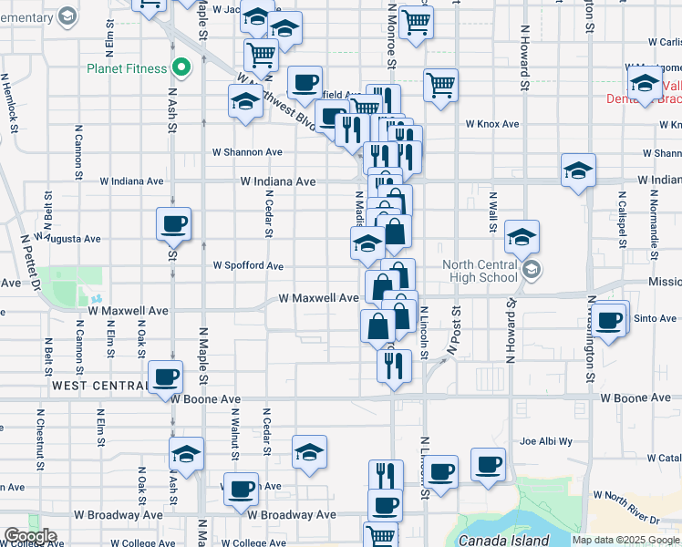 map of restaurants, bars, coffee shops, grocery stores, and more near 1114 West Maxwell Avenue in Spokane