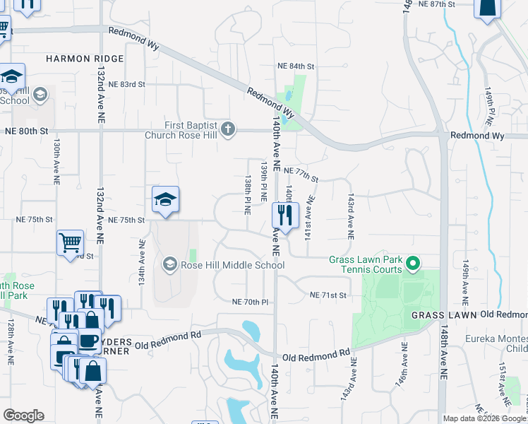 map of restaurants, bars, coffee shops, grocery stores, and more near 7418 139th Place Northeast in Redmond