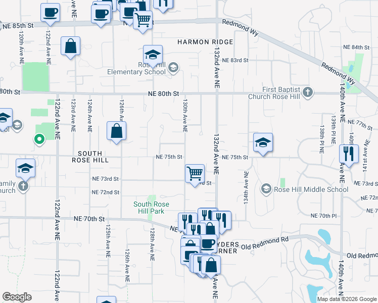 map of restaurants, bars, coffee shops, grocery stores, and more near 13010 Northeast 74th Street in Kirkland