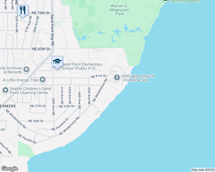 map of restaurants, bars, coffee shops, grocery stores, and more near 6559 Northeast Windermere Road in Seattle