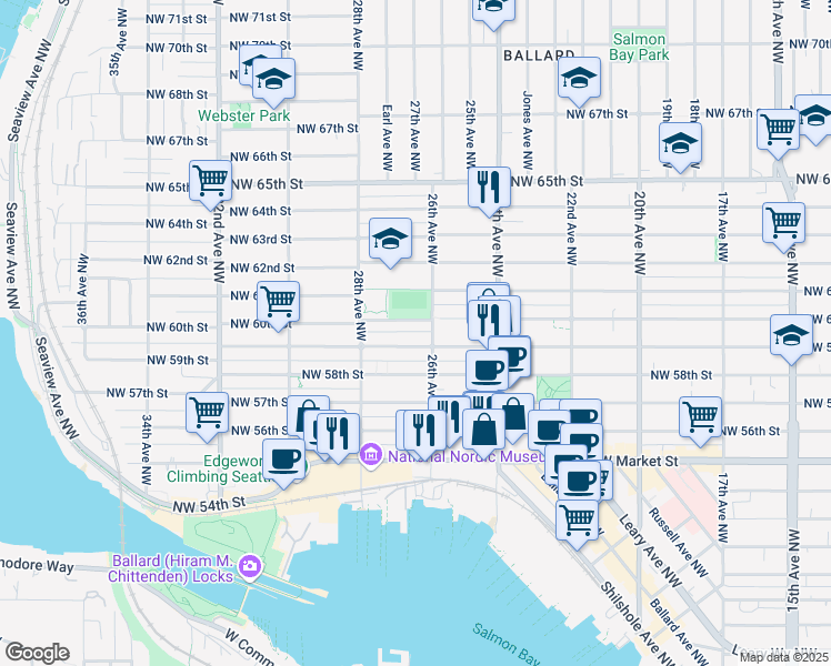 map of restaurants, bars, coffee shops, grocery stores, and more near 2617 Northwest 59th Street in Seattle