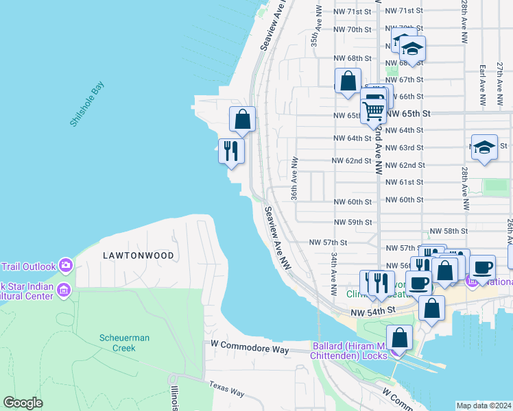 map of restaurants, bars, coffee shops, grocery stores, and more near 5905 Seaview Avenue Northwest in Seattle