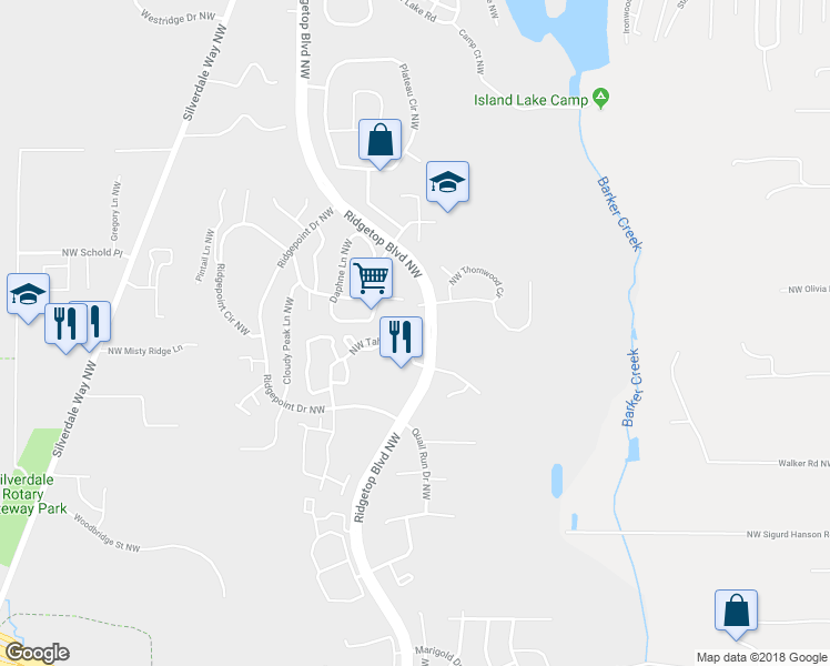 map of restaurants, bars, coffee shops, grocery stores, and more near 1196 Northwest Tahoe Lane in Silverdale