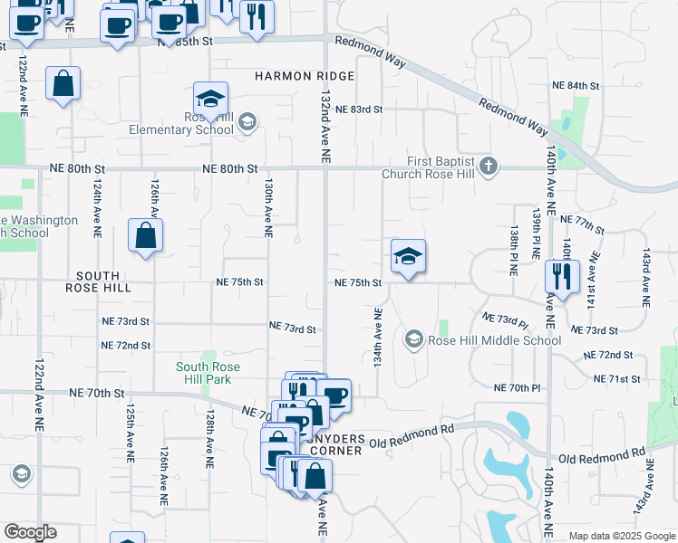 map of restaurants, bars, coffee shops, grocery stores, and more near 7512 132nd Avenue Northeast in Kirkland