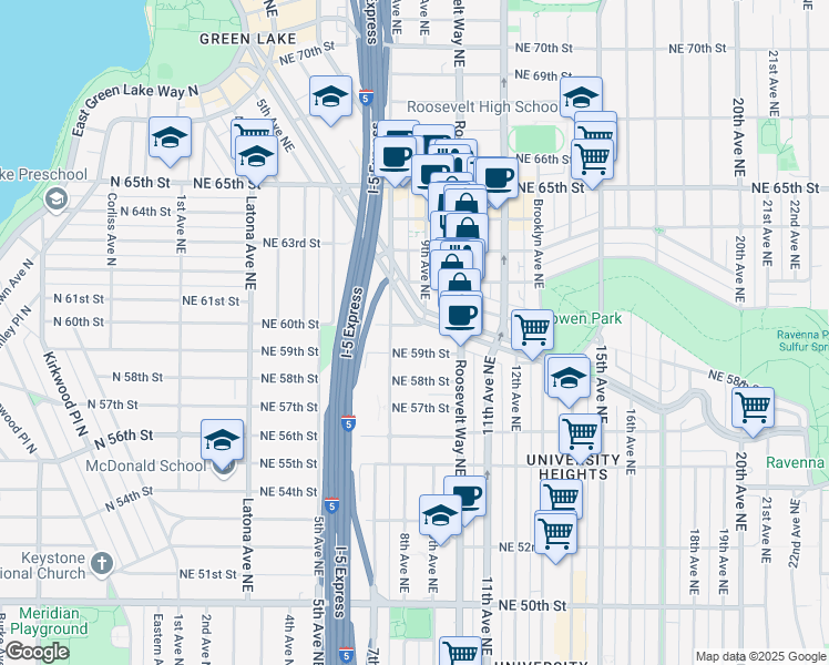map of restaurants, bars, coffee shops, grocery stores, and more near 830 Northeast 59th Street in Seattle